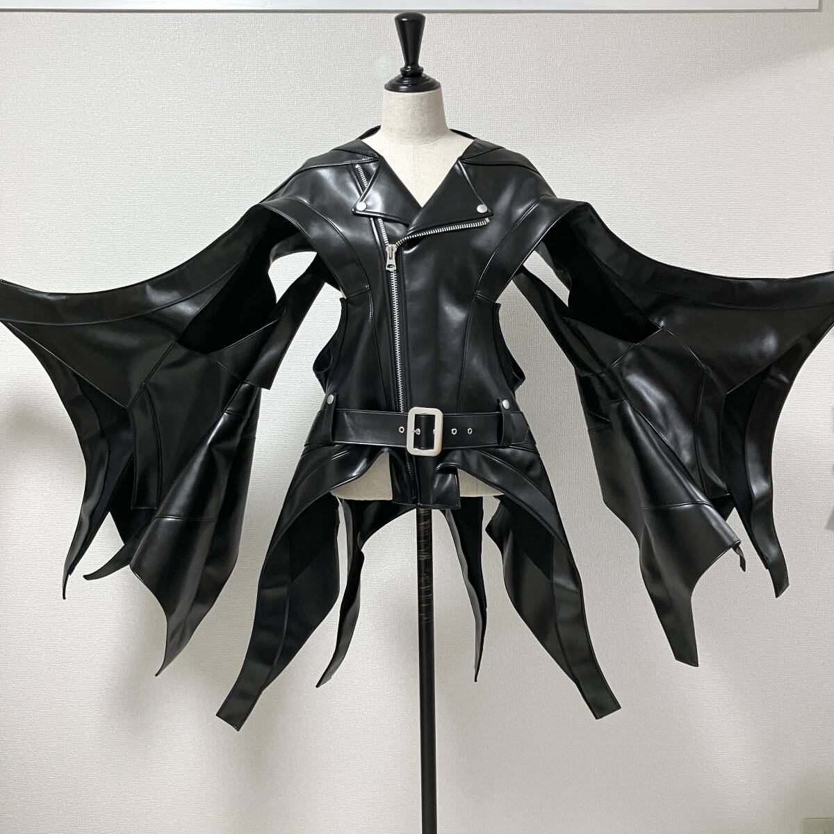 Junya Watanabe SS2024 Sculptural Faux Leather Biker Jacket, Winged Panels and Ribbon Hem, Black, Size S, view 1