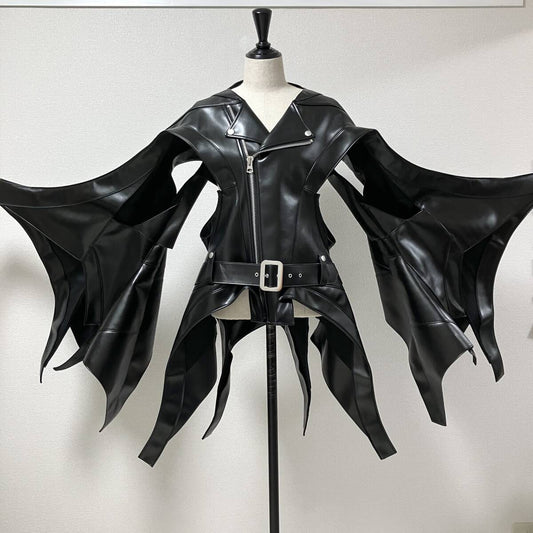 Junya Watanabe SS2024 Sculptural Faux Leather Biker Jacket, Winged Panels and Ribbon Hem, Black, Size S, view 1