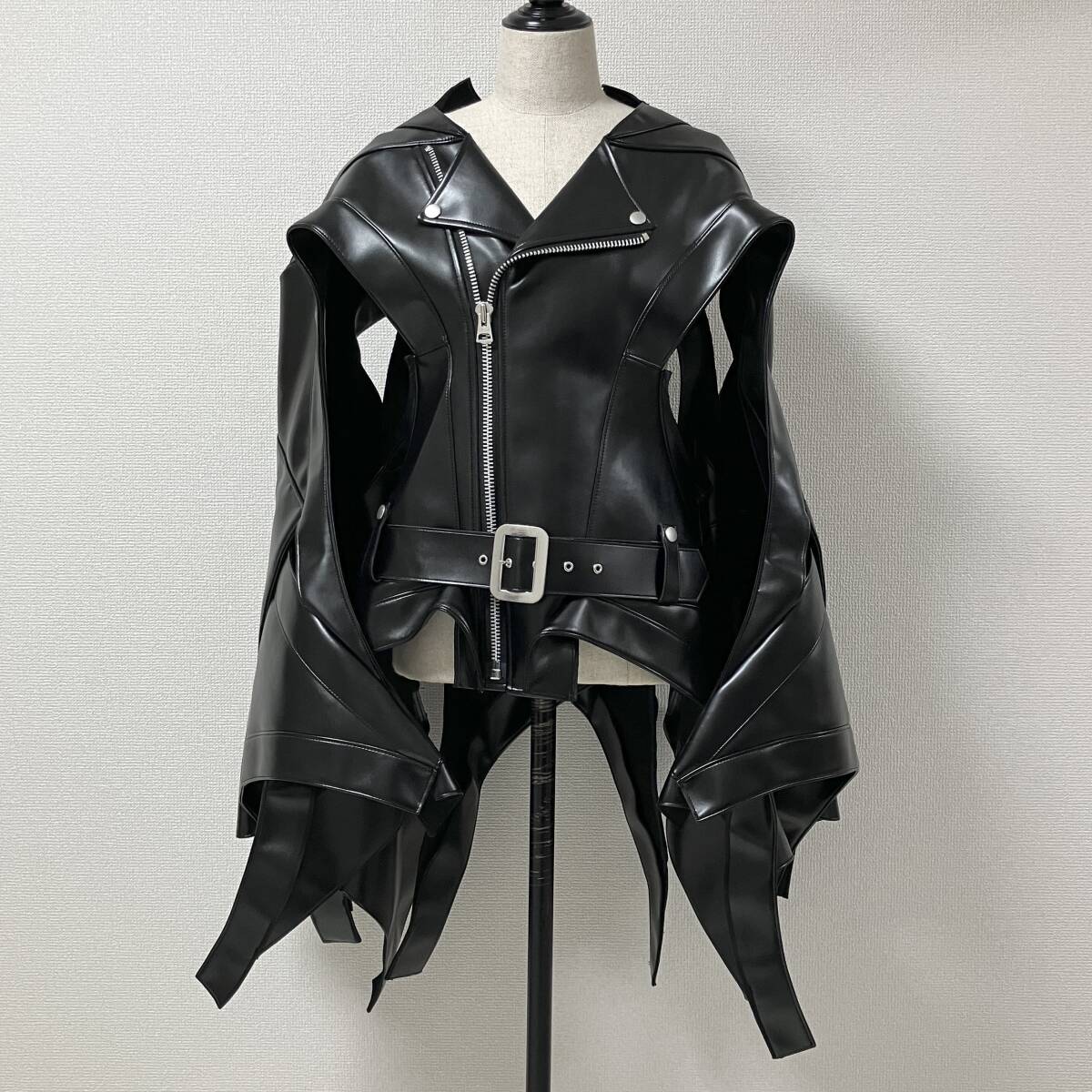 Junya Watanabe SS2024 Sculptural Faux Leather Biker Jacket, Winged Panels and Ribbon Hem, Black, Size S, view 2