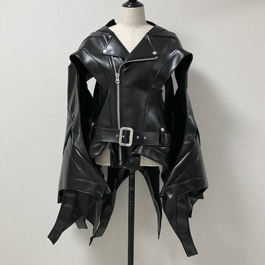 Junya Watanabe SS2024 Sculptural Faux Leather Biker Jacket, Winged Panels and Ribbon Hem, Black, Size S, view 2