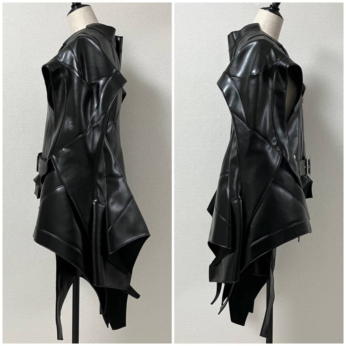 Junya Watanabe SS2024 Sculptural Faux Leather Biker Jacket, Winged Panels and Ribbon Hem, Black, Size S, view 4