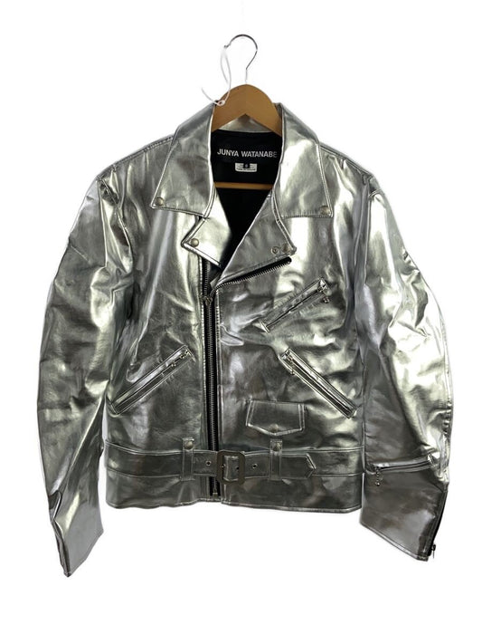 Junya Watanabe SS2025 Silver Metallic Biker Jacket, Mirror-Finish Faux Leather, Two-Row Zip Front, Size S, view 1