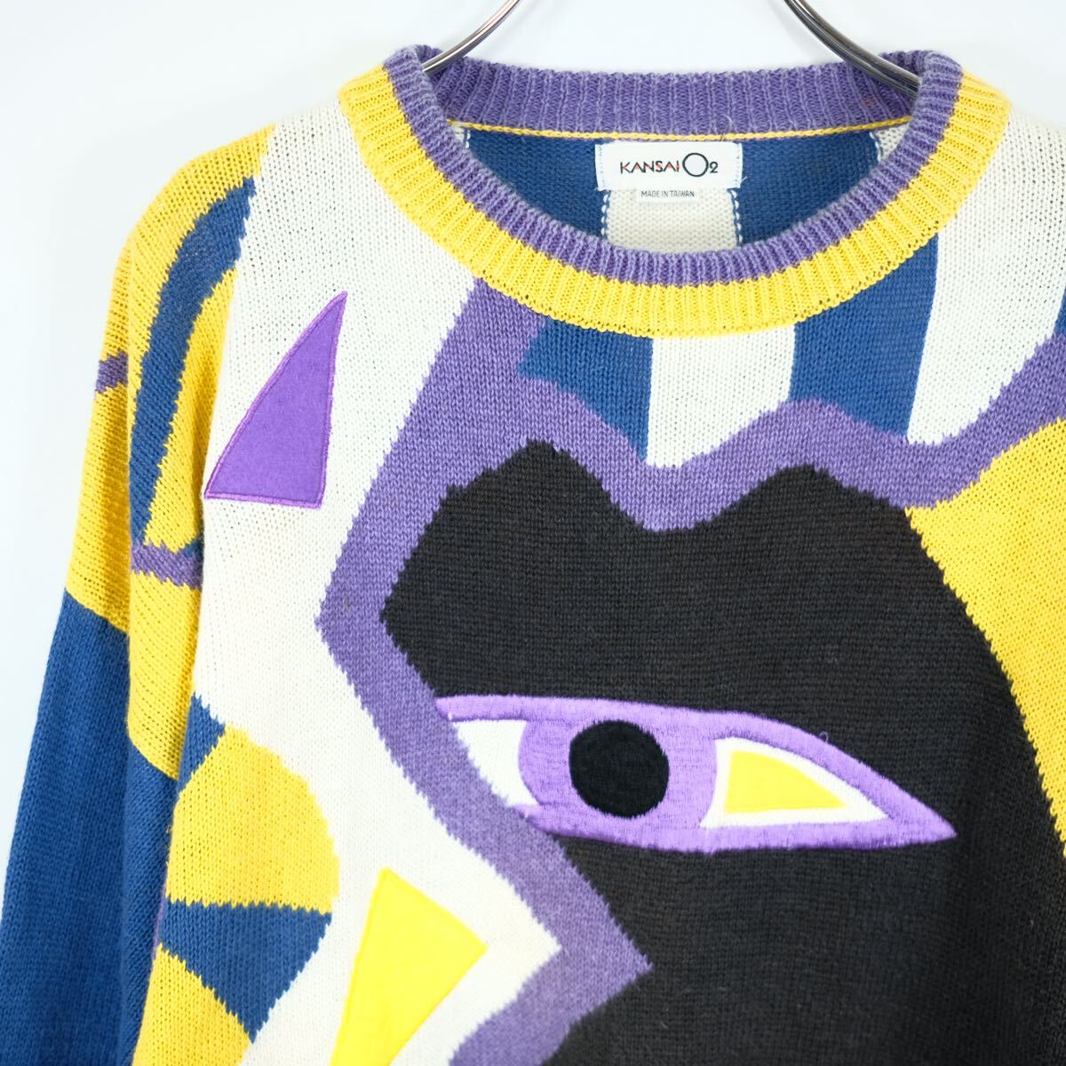 Kansai Yamamoto O2 Art Knit Jumper, Eye Motif in Yellow, Purple and Navy, 1990s, Size M