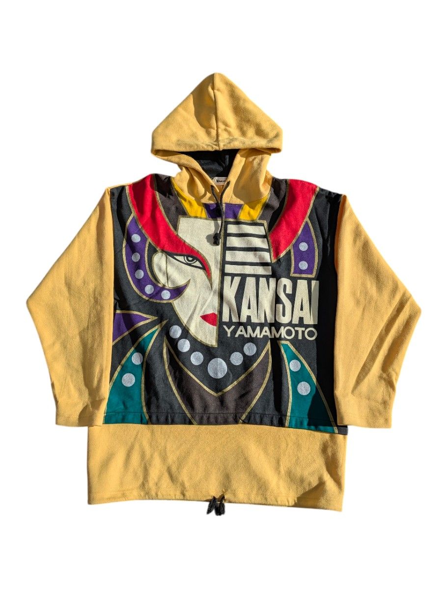 Kansai Yamamoto O2 Hooded Jacket, Mustard with Kabuki Figure Graphic, 1990s, Size XL