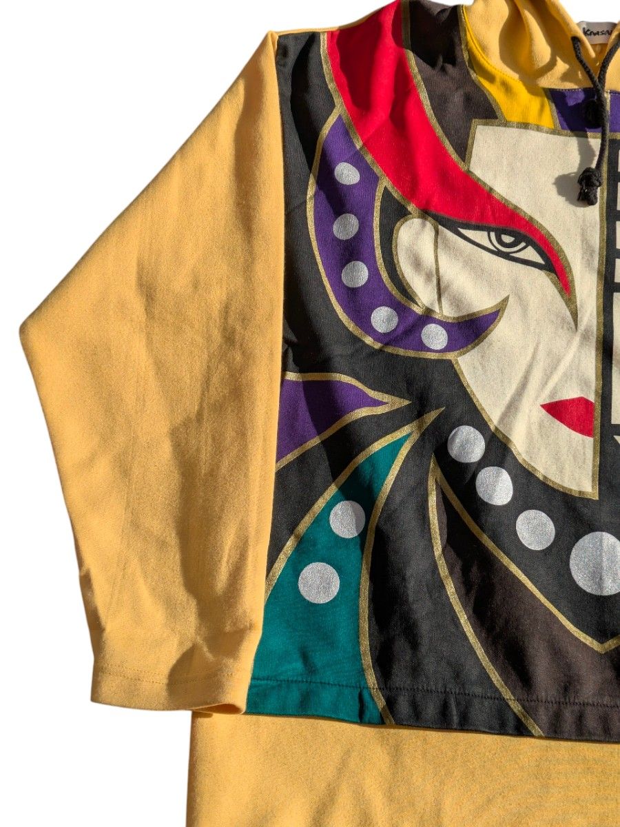 Kansai Yamamoto O2 Hooded Jacket, Mustard with Kabuki Figure Graphic, 1990s, Size XL