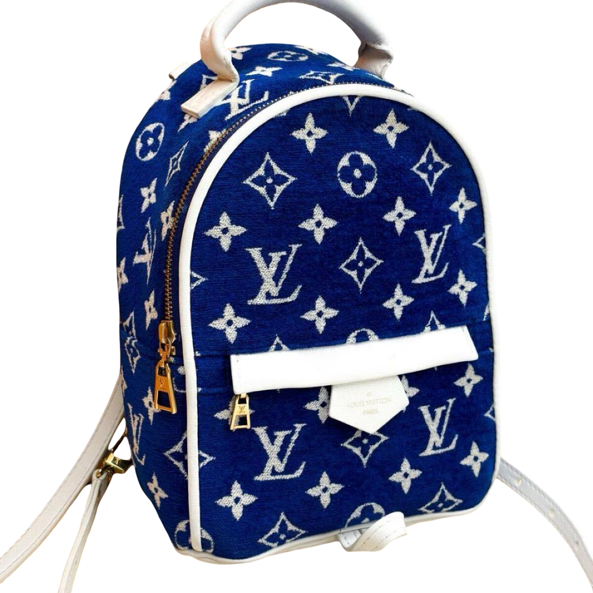 Louis Vuitton Palm Springs Mini M46207, blue Monogram velvet – front view with white leather trim