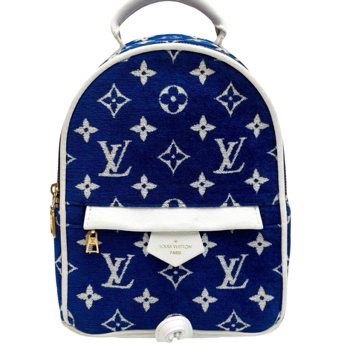 Louis Vuitton Palm Springs Mini M46207, blue Monogram velvet – front with front pocket and LV tab