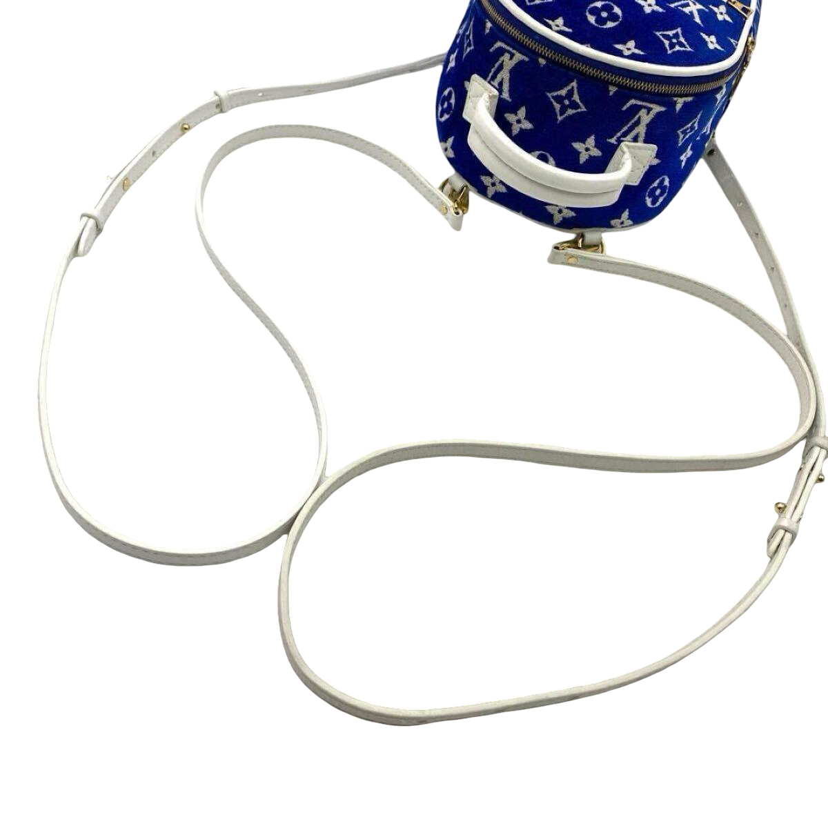 Louis Vuitton Palm Springs Mini M46207, blue Monogram velvet – straps and top handle from behind