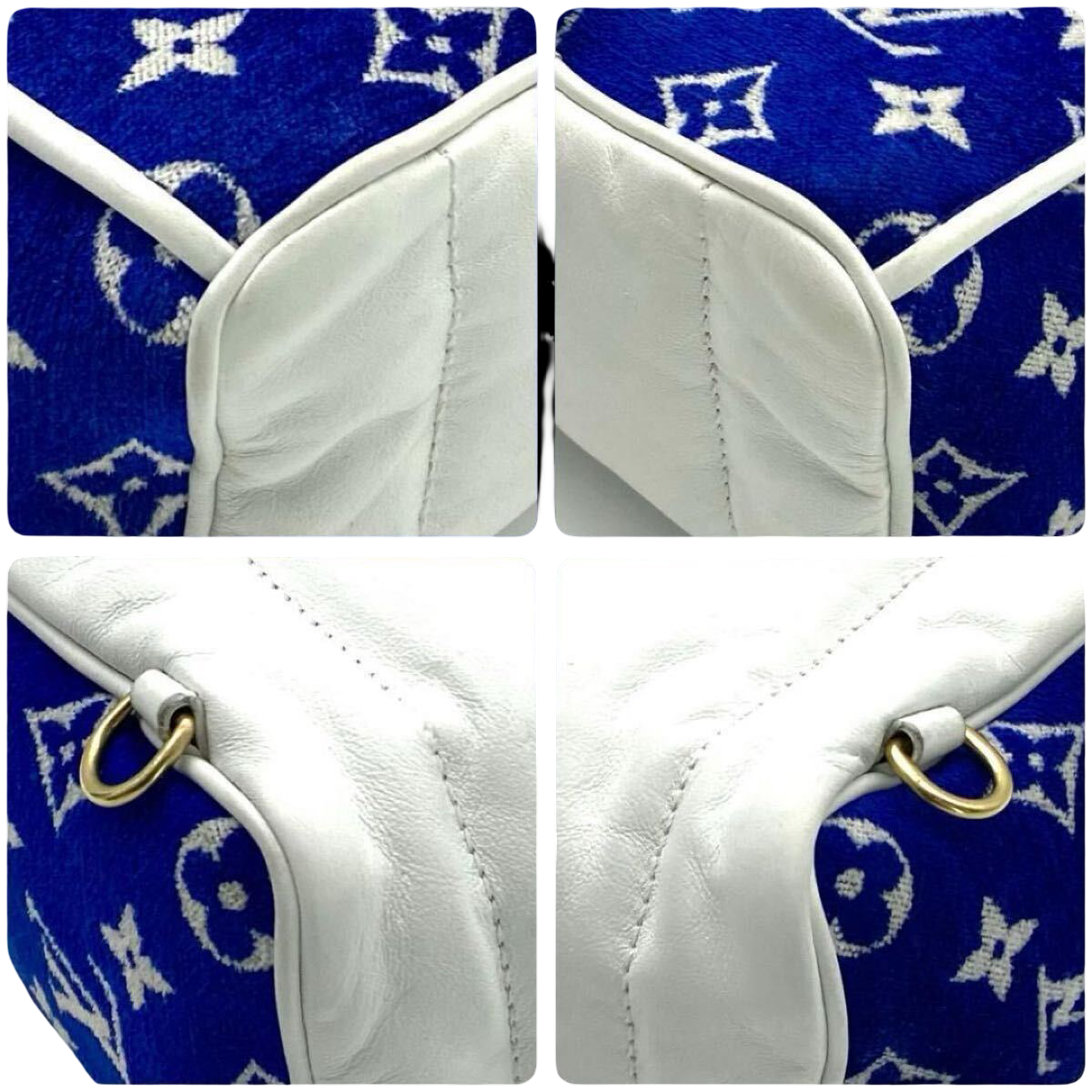 Louis Vuitton Palm Springs Mini M46207, blue Monogram velvet – corner and strap details, four views