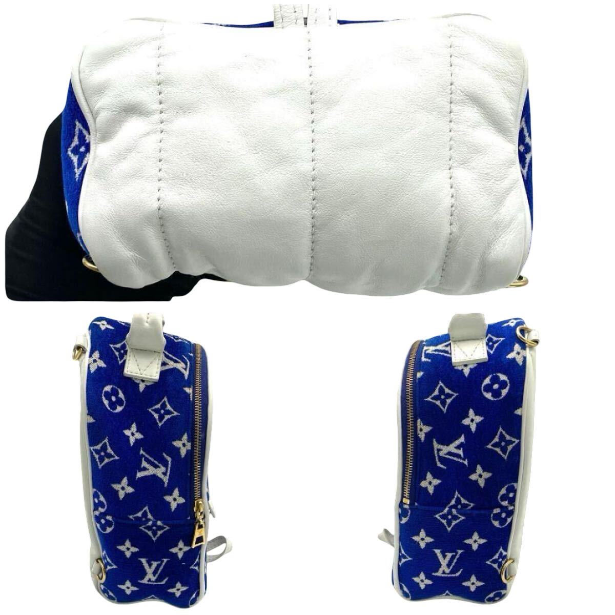 Louis Vuitton Palm Springs Mini M46207, blue Monogram velvet – bottom and side views with straps