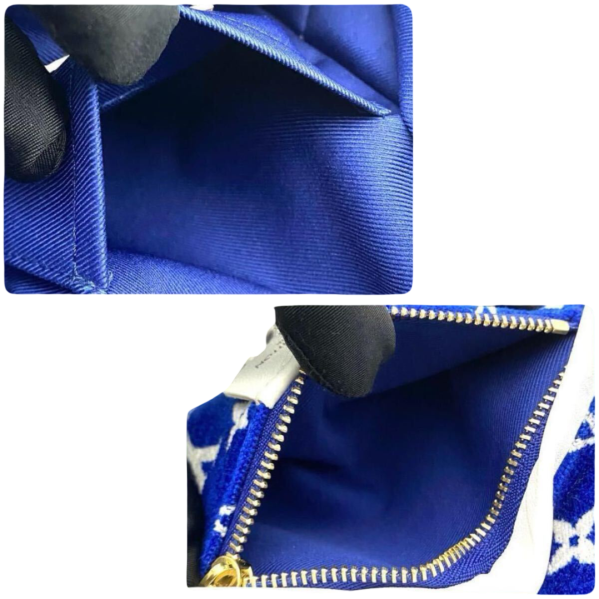 Louis Vuitton Palm Springs Mini M46207, blue Monogram velvet – interior pocket and zip