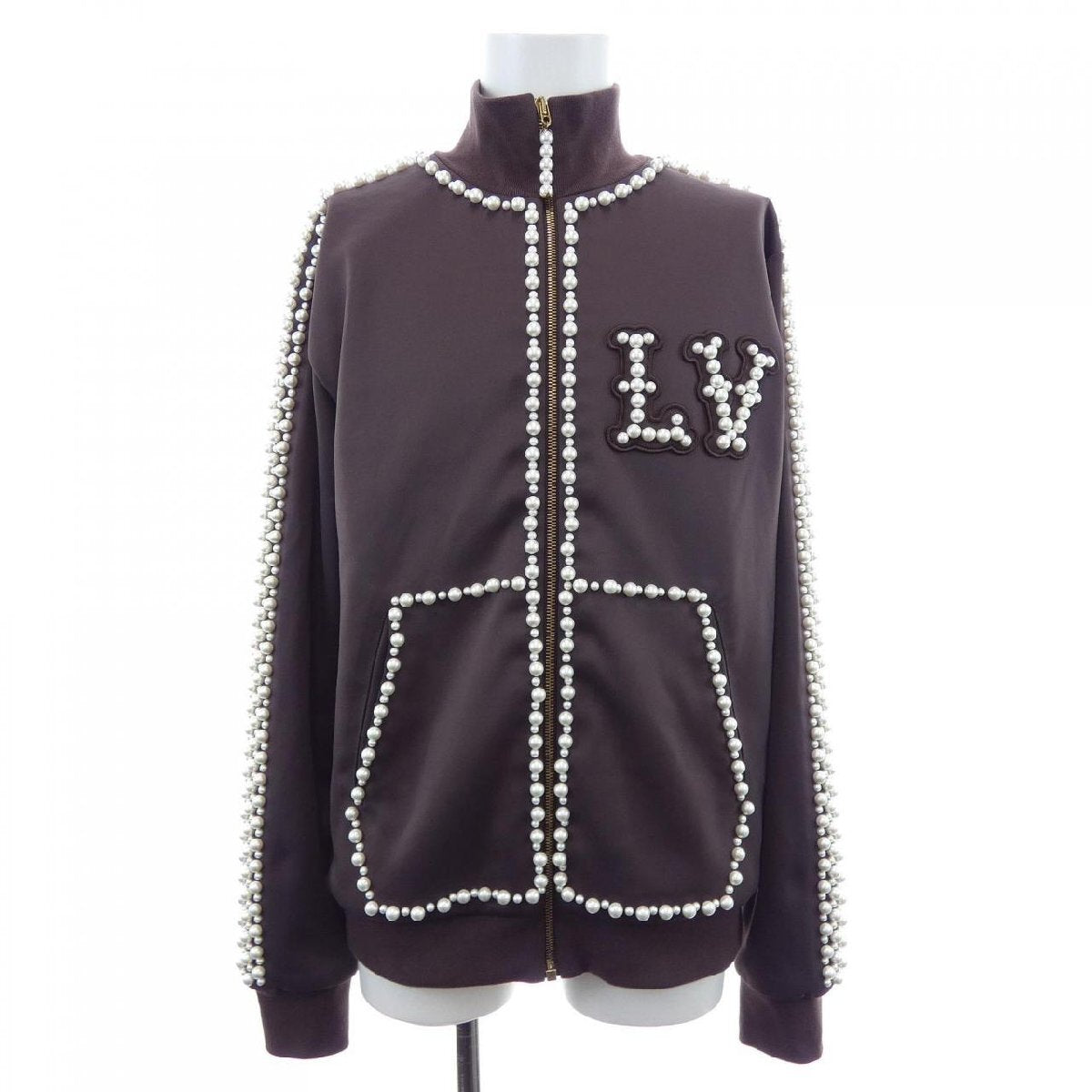 Louis Vuitton SS2024 Pharrell Pearl-Embellished Track Jacket with LV Initials, Chocolate Brown, Size M, view 1