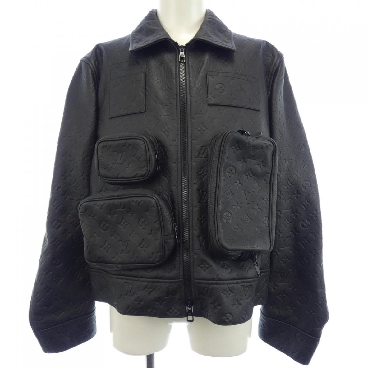 Louis Vuitton Virgil Abloh Monogram Embossed Leather Utility Jacket, Black Calfskin, Size 48, view 1