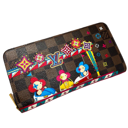 Louis Vuitton Zippy Wallet N60403 Vivienne Holiday, Damier Ebène – front with Vivienne Holiday print on Damier Ebène