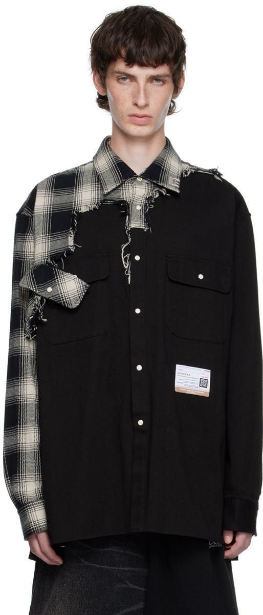 Maison Mihara Yasuhiro AW2022 Broken Check Panel Shirt, Distressed Black and Ombré Plaid, Size 44, view 1