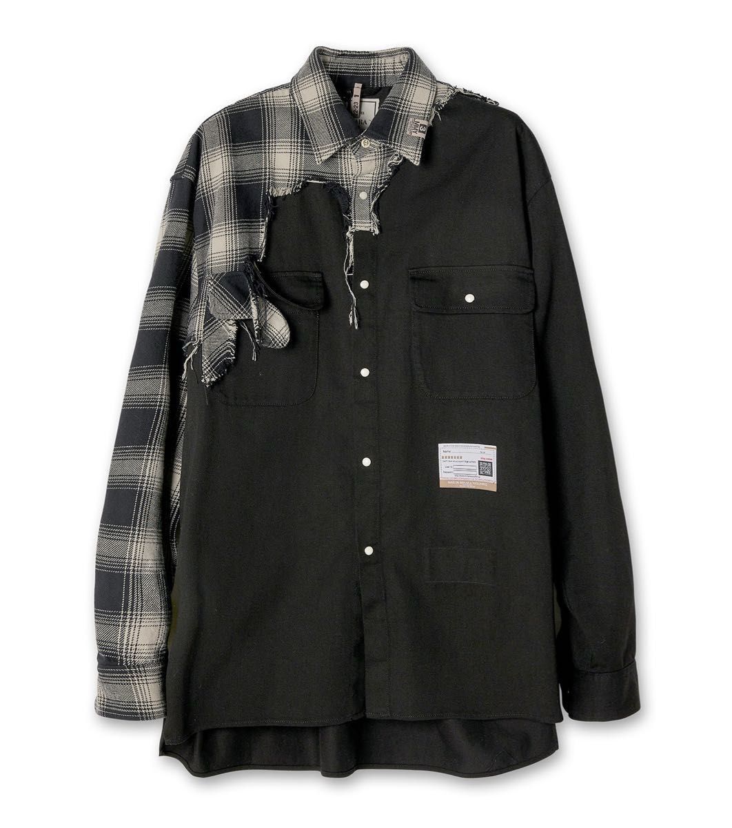 Maison Mihara Yasuhiro AW2022 Broken Check Panel Shirt, Distressed Black and Ombré Plaid, Size 44, view 3