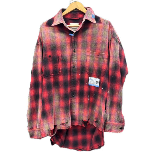Maison Mihara Yasuhiro AW2023 Ombré Check Flannel Shirt with Script Lyrics and Paint, Red and Black, Size 45, view 1