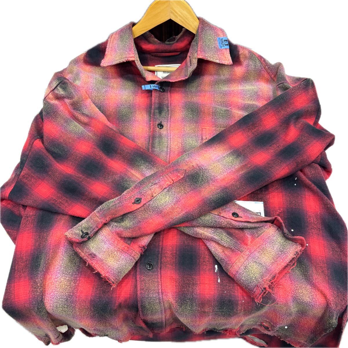Maison Mihara Yasuhiro AW2023 Ombré Check Flannel Shirt with Script Lyrics and Paint, Red and Black, Size 45, view 3