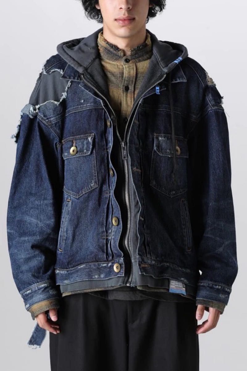 Maison Mihara Yasuhiro AW2023 Triple Layered Denim Jacket, Indigo with Hoodie and Check Shirt, Size 44, view 1