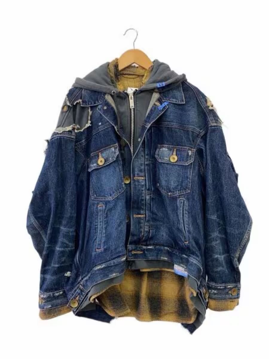 Maison Mihara Yasuhiro AW2023 Triple Layered Denim Jacket, Indigo with Hoodie and Check Shirt, Size 44, view 3