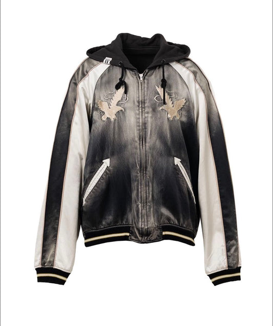 Maison Mihara Yasuhiro AW2025 Reversible Hoodie Layered Souvenir Jacket, Eagle Embroidery, Black, Size 46, New with Tags, view 1