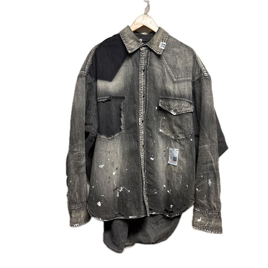 Maison Mihara Yasuhiro Distressed Black Denim Western Shirt with Patchwork and Paint, Size 48, view 1