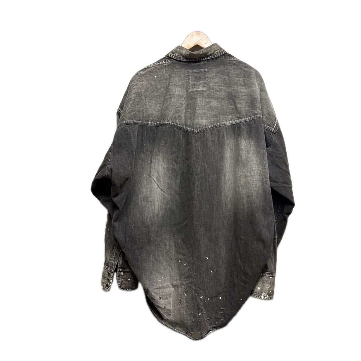 Maison Mihara Yasuhiro Distressed Black Denim Western Shirt with Patchwork and Paint, Size 48, view 2