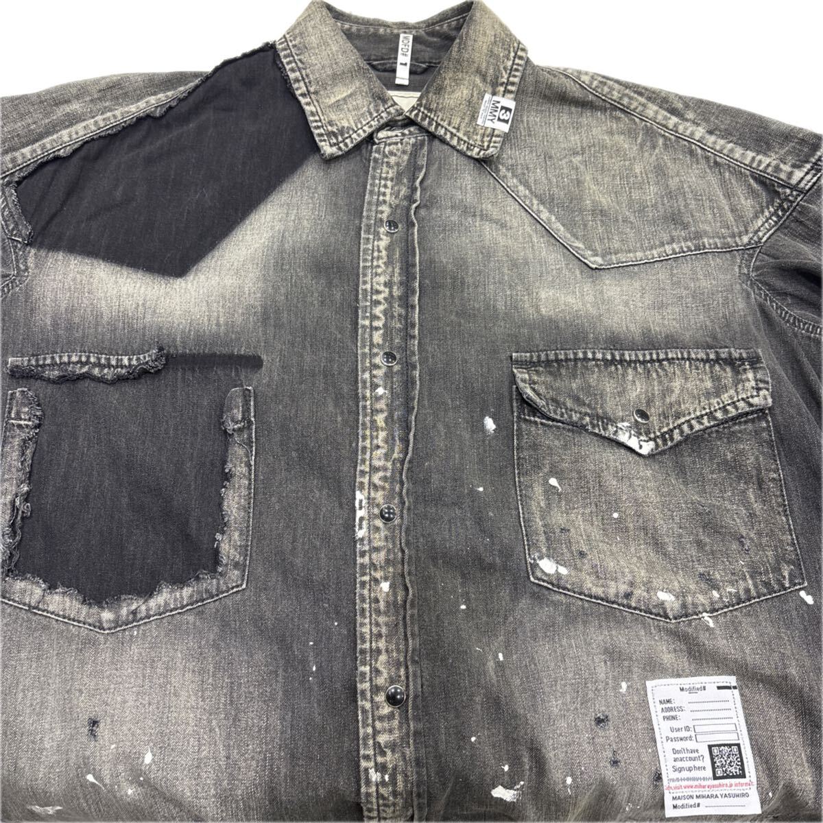 Maison Mihara Yasuhiro Distressed Black Denim Western Shirt with Patchwork and Paint, Size 48, view 3
