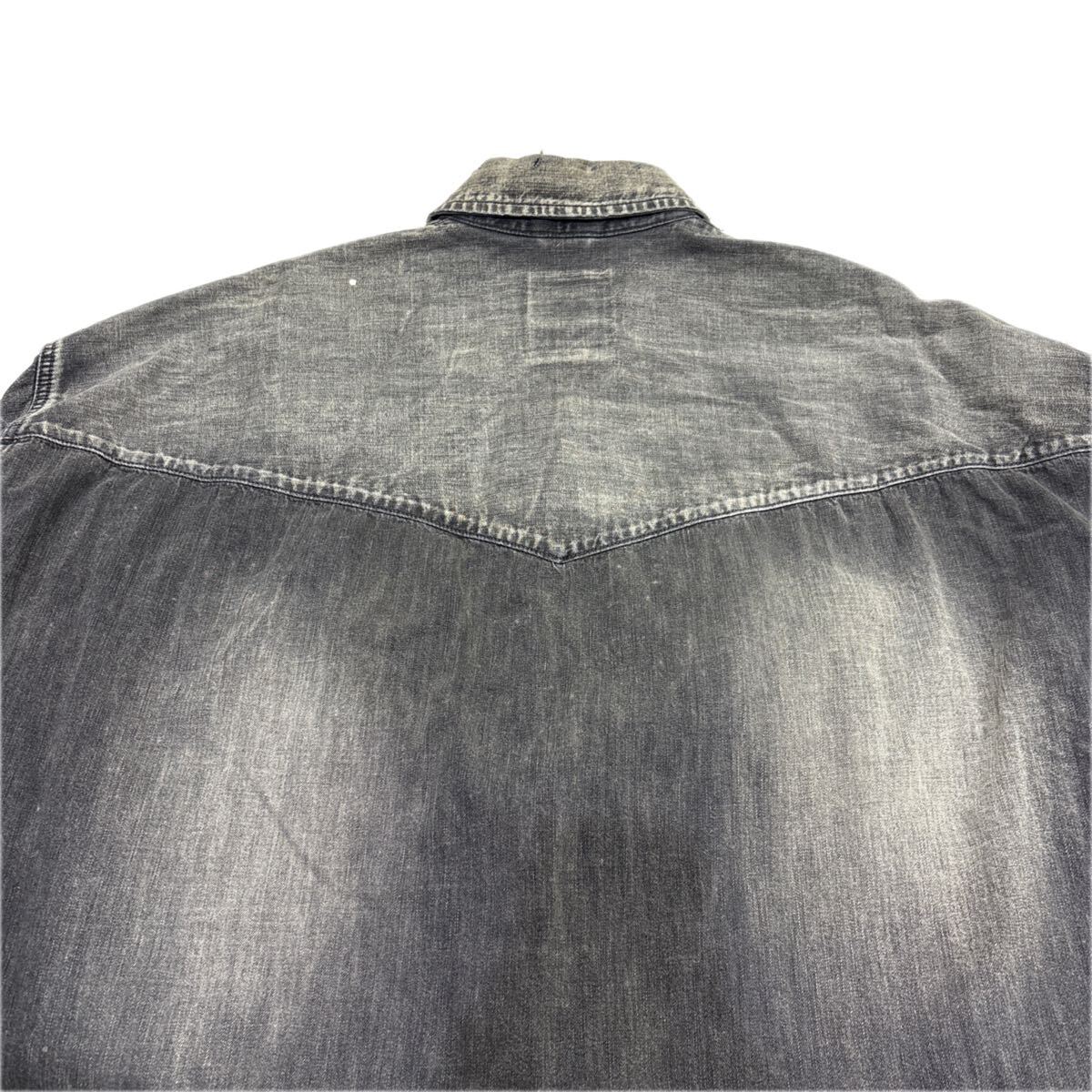 Maison Mihara Yasuhiro Distressed Black Denim Western Shirt with Patchwork and Paint, Size 48, view 4