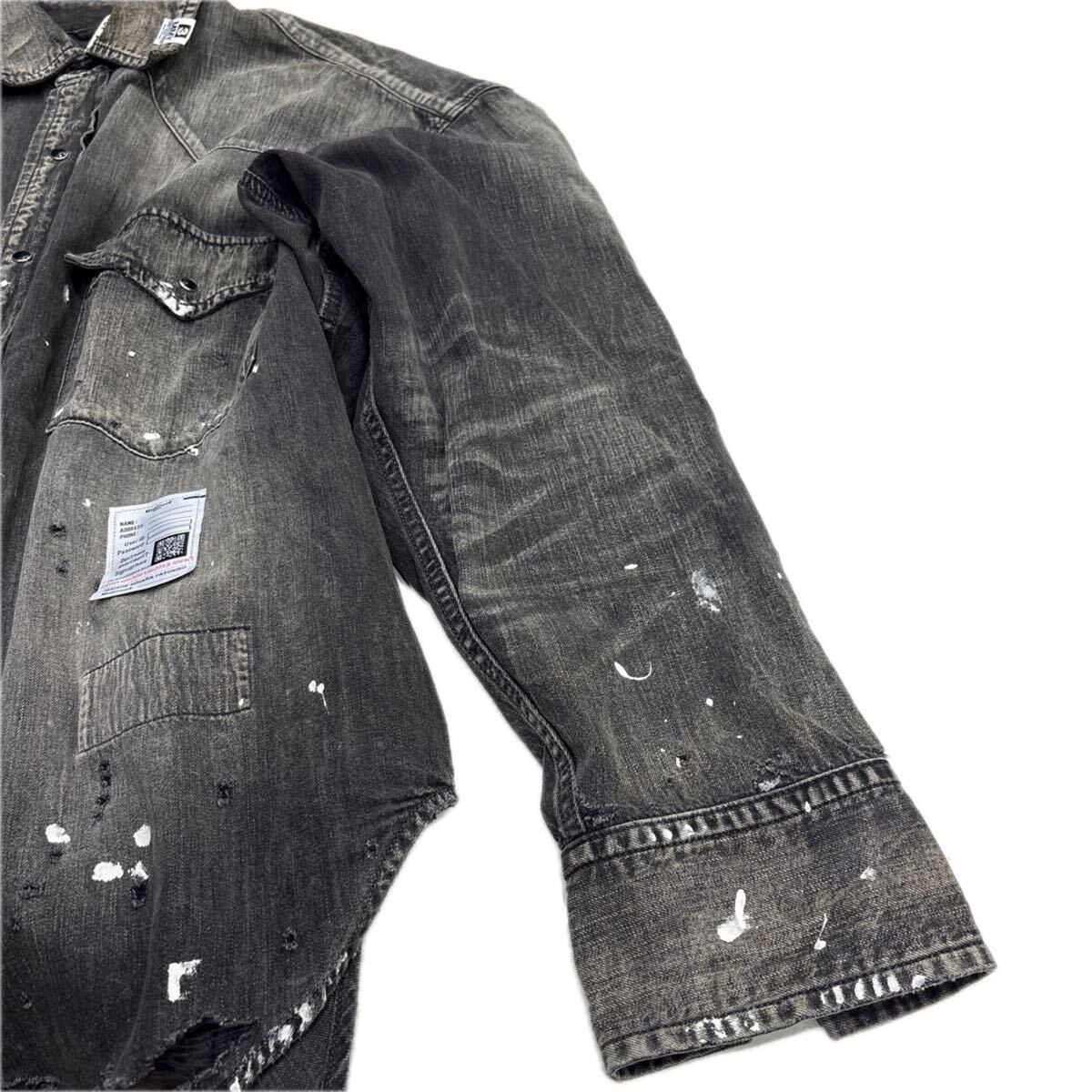 Maison Mihara Yasuhiro Distressed Black Denim Western Shirt with Patchwork and Paint, Size 48, view 5