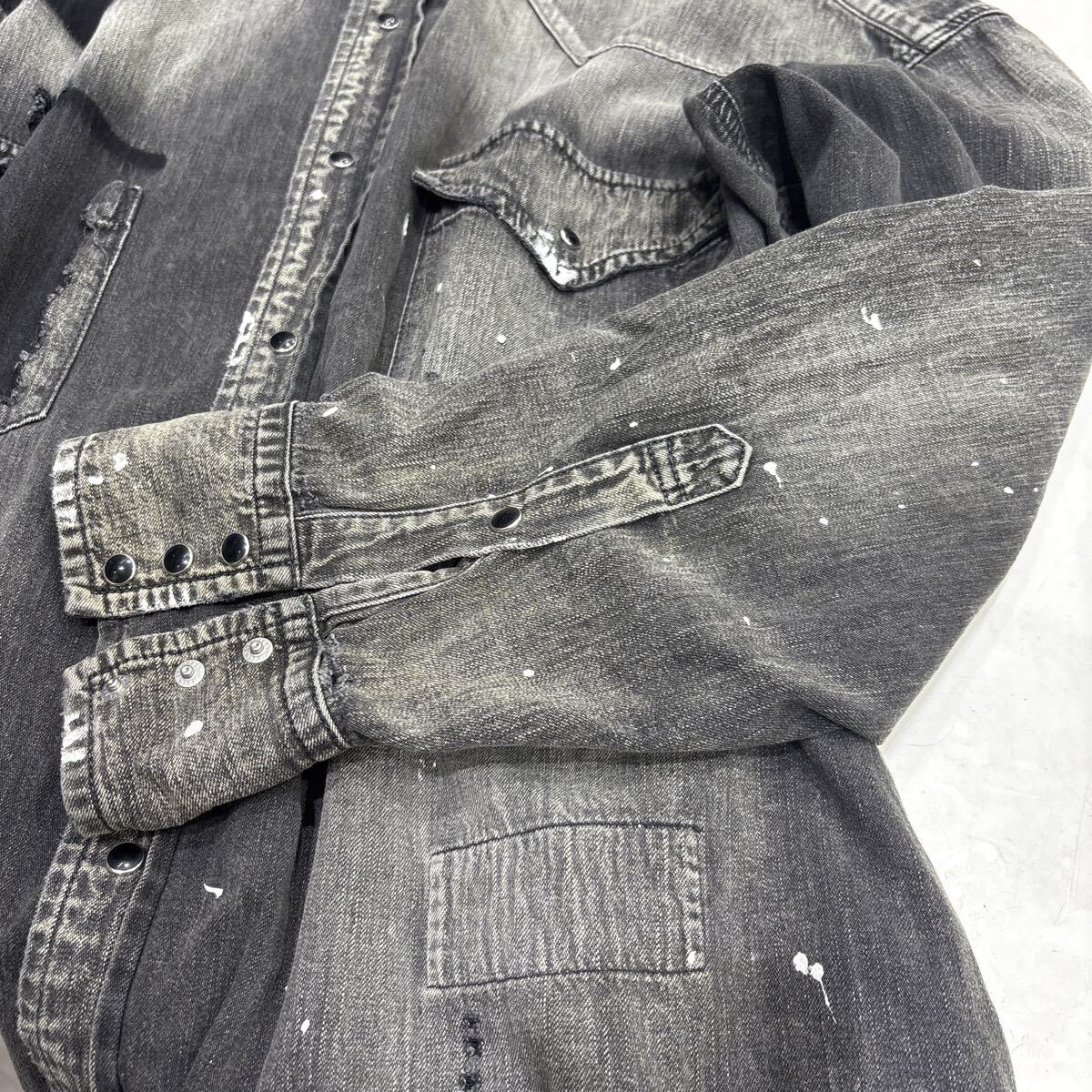 Maison Mihara Yasuhiro Distressed Black Denim Western Shirt with Patchwork and Paint, Size 48, view 6