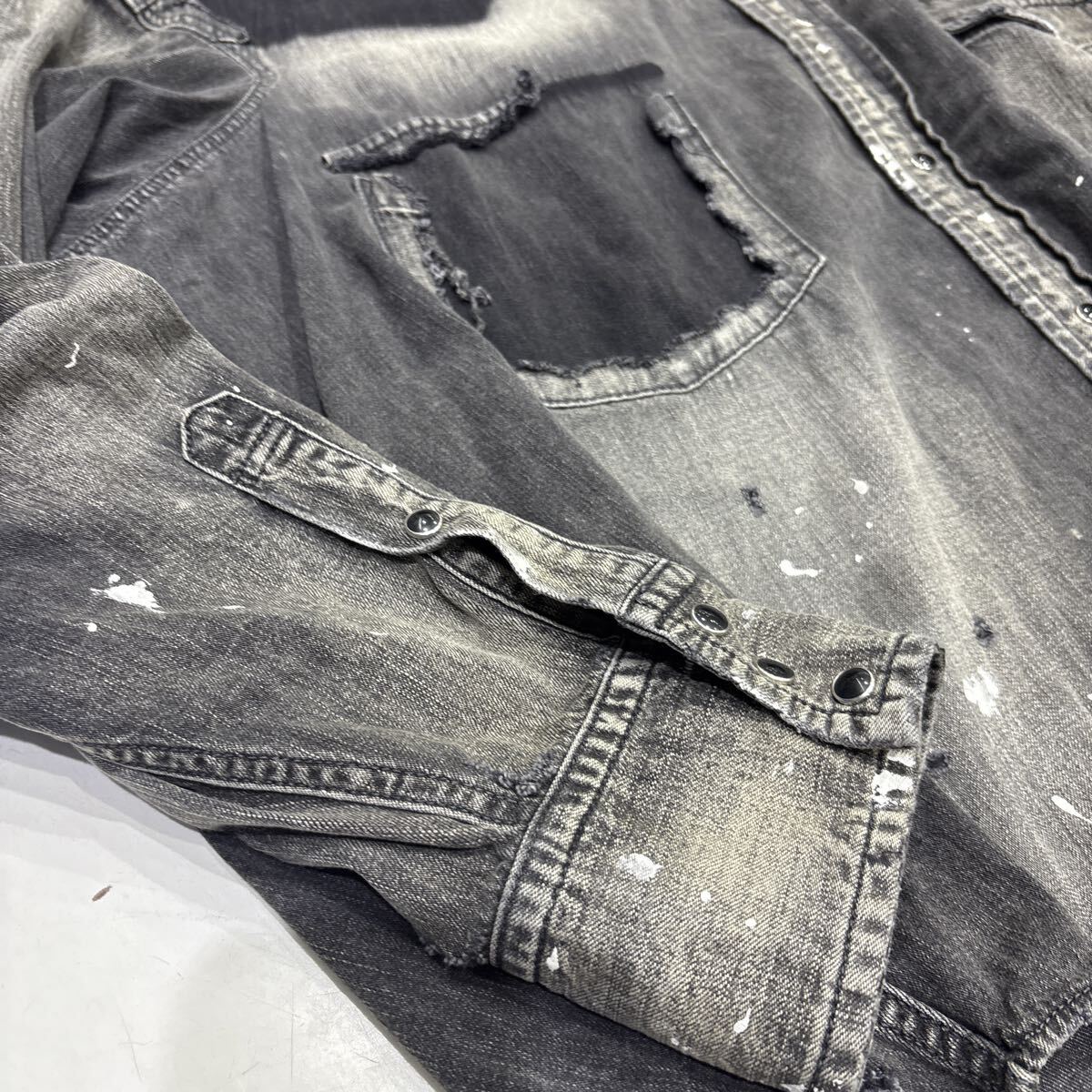 Maison Mihara Yasuhiro Distressed Black Denim Western Shirt with Patchwork and Paint, Size 48, view 7