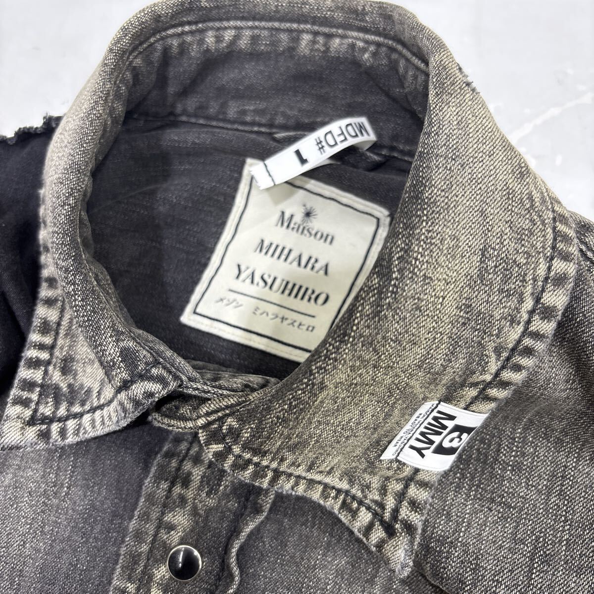 Maison Mihara Yasuhiro Distressed Black Denim Western Shirt with Patchwork and Paint, Size 48, view 8