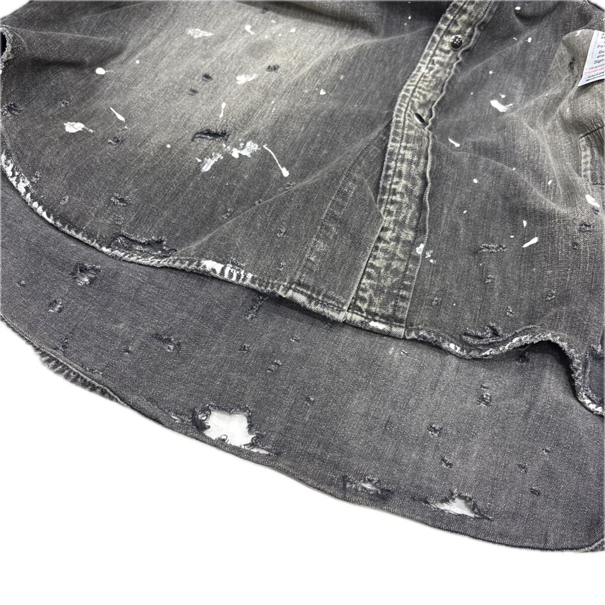 Maison Mihara Yasuhiro Distressed Black Denim Western Shirt with Patchwork and Paint, Size 48, view 9