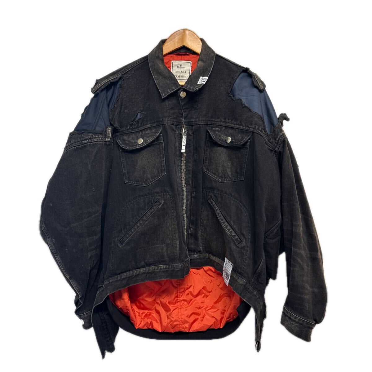 Maison Mihara Yasuhiro Docking Black Denim Jacket over Quilted Flight Lining, Orange Liner, Size 46, Made in Japan, view 1