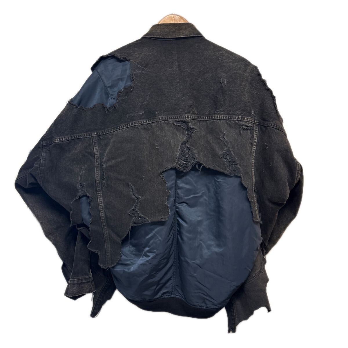 Maison Mihara Yasuhiro Docking Black Denim Jacket over Quilted Flight Lining, Orange Liner, Size 46, Made in Japan, view 2