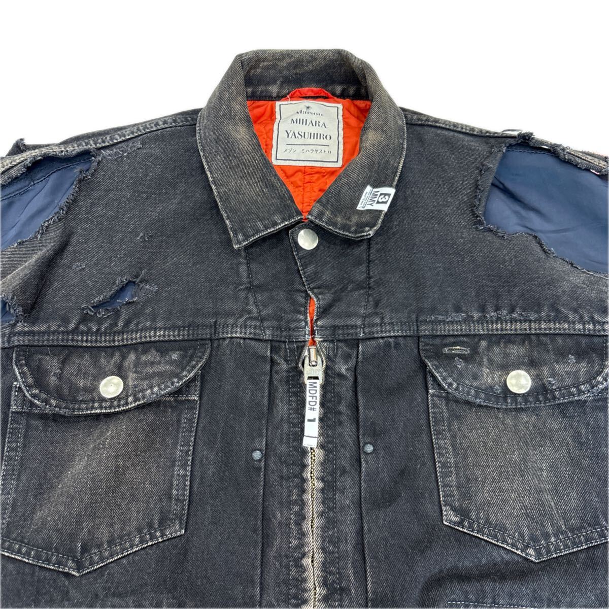 Maison Mihara Yasuhiro Docking Black Denim Jacket over Quilted Flight Lining, Orange Liner, Size 46, Made in Japan, view 3