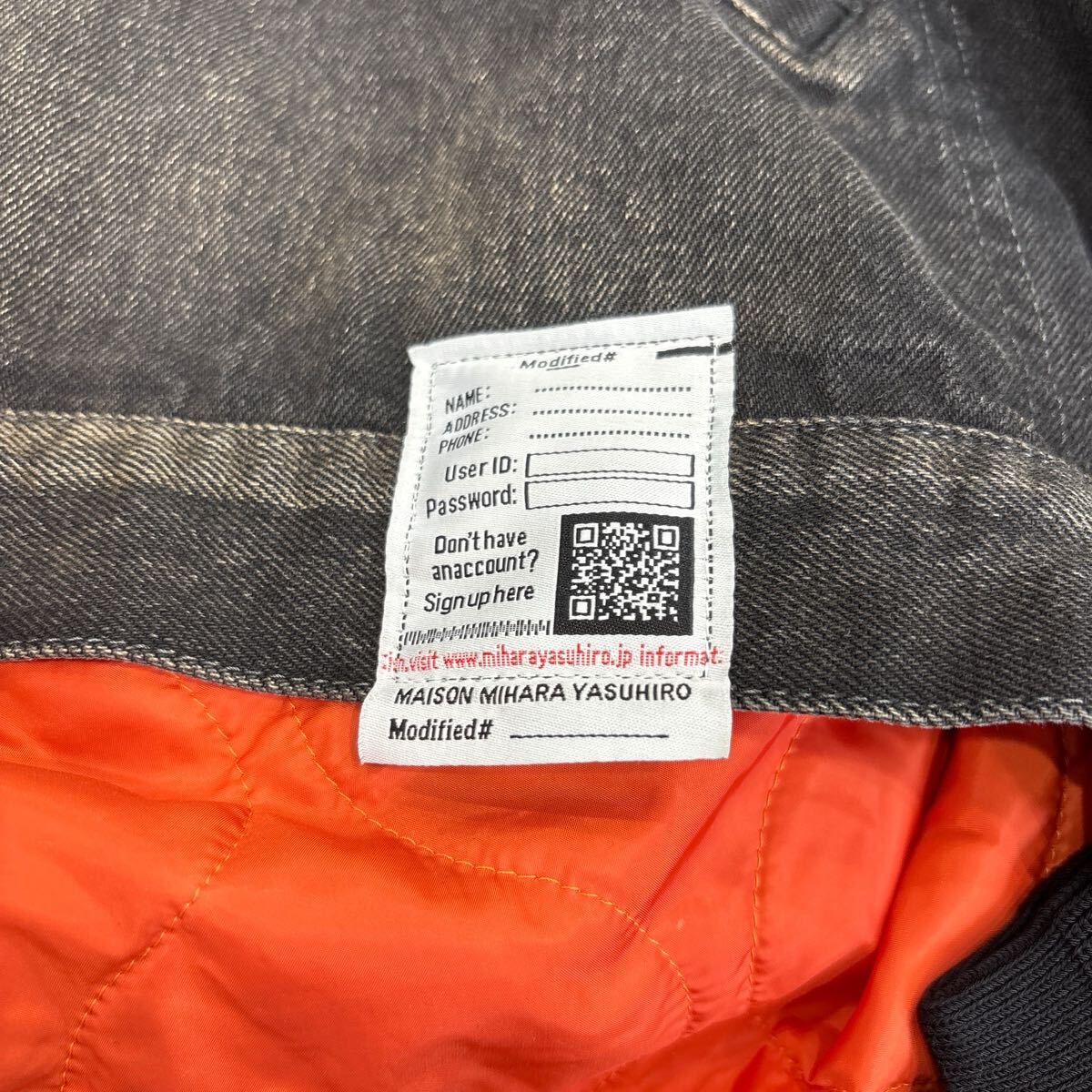 Maison Mihara Yasuhiro Docking Black Denim Jacket over Quilted Flight Lining, Orange Liner, Size 46, Made in Japan, view 5