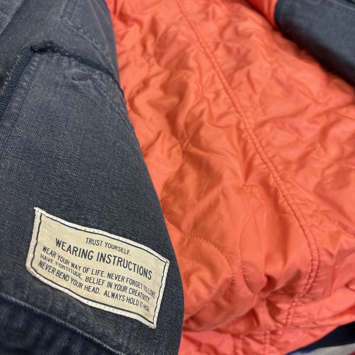 Maison Mihara Yasuhiro Docking Black Denim Jacket over Quilted Flight Lining, Orange Liner, Size 46, Made in Japan, view 9
