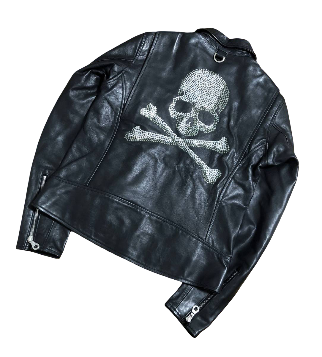 Mastermind Japan crystal skull horsehide single rider jacket, 2011 SS Radiance – back view with crystal skull and crossbones