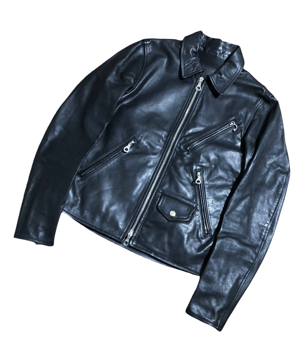 Mastermind Japan crystal skull horsehide single rider jacket, 2011 SS Radiance – front view with asymmetric zip and chest pockets