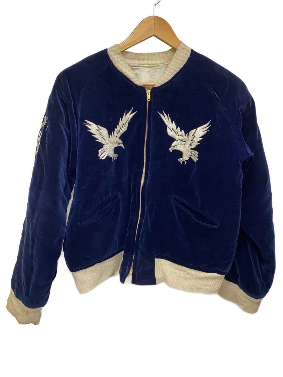 Mid-Century Navy Velveteen Souvenir Jacket, White Eagle and Japan Script, Dragon Sleeves, Ivory Satin Reverse, view 1