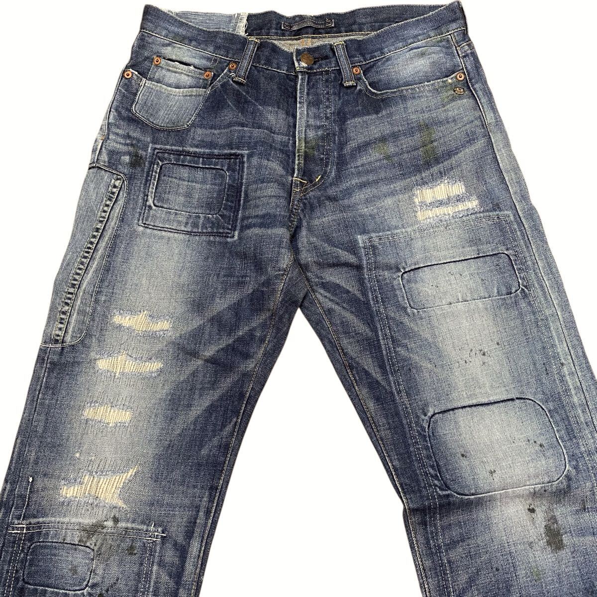 Mihara Yasuhiro Archive Patchwork Distressed Denim Jeans, Indigo, Men's Size S, Made in Japan, view 3