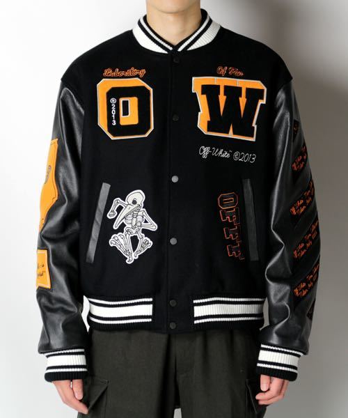 Off-White c/o Virgil Abloh AW2021 Laboratory of Fun Leather Varsity Jacket OMJF21-518, Black, Size M, New with Tags, view 1