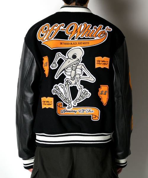 Off-White c/o Virgil Abloh AW2021 Laboratory of Fun Leather Varsity Jacket OMJF21-518, Black, Size M, New with Tags, view 2