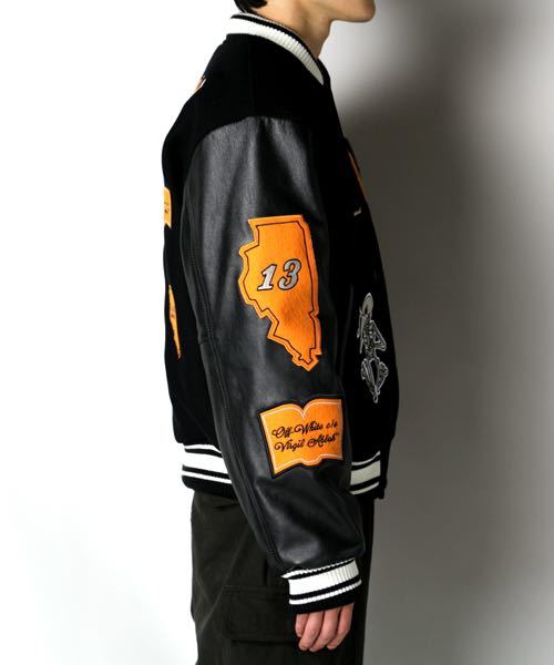 Off-White c/o Virgil Abloh AW2021 Laboratory of Fun Leather Varsity Jacket OMJF21-518, Black, Size M, New with Tags, view 4