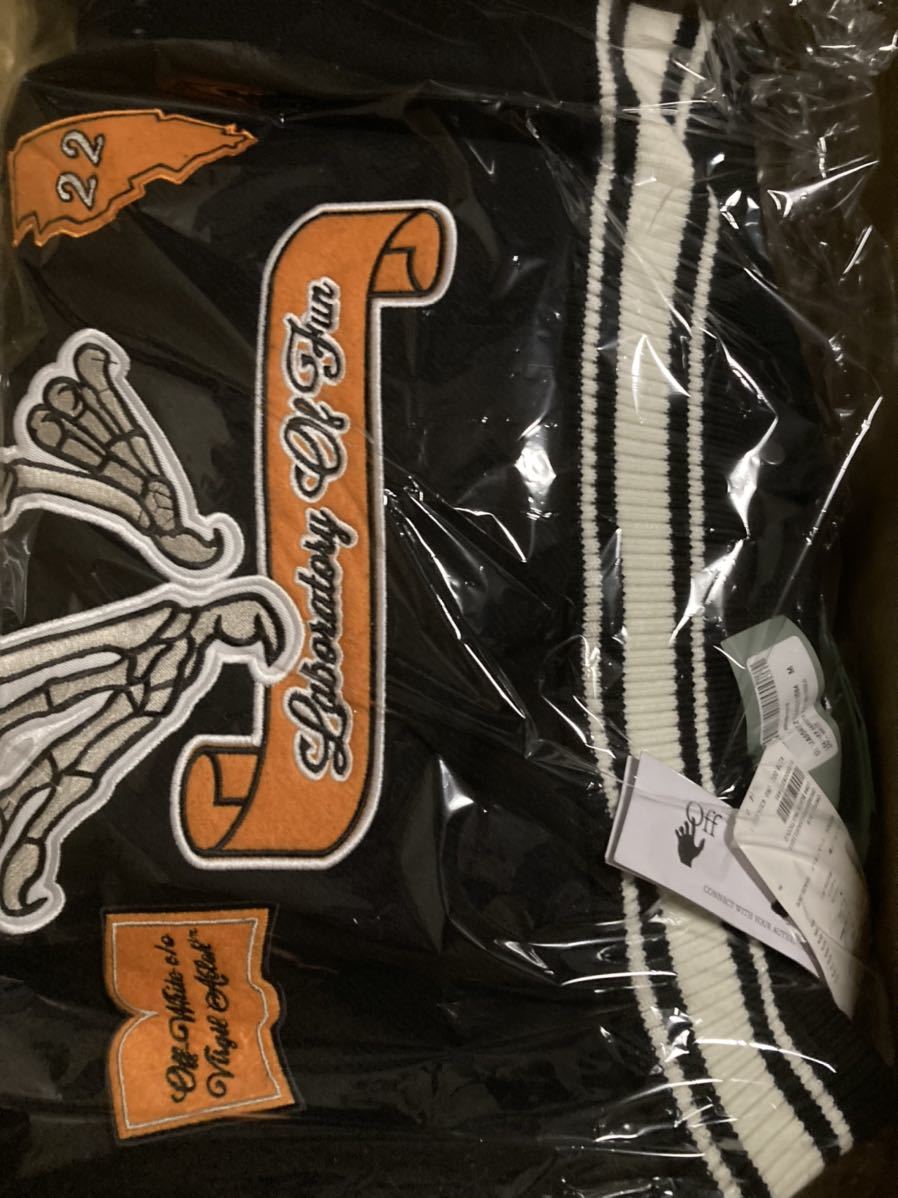 Off-White c/o Virgil Abloh AW2021 Laboratory of Fun Leather Varsity Jacket OMJF21-518, Black, Size M, New with Tags, view 7