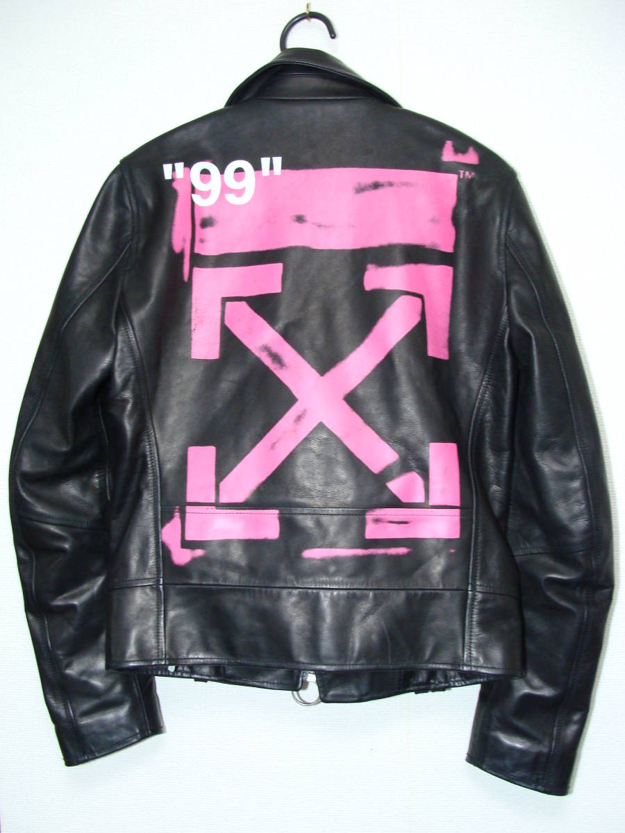 Off-White c/o Virgil Abloh Cowhide Leather Biker Jacket with Pink Spray Arrows 99 Back Print, Black, Size XS, view 1