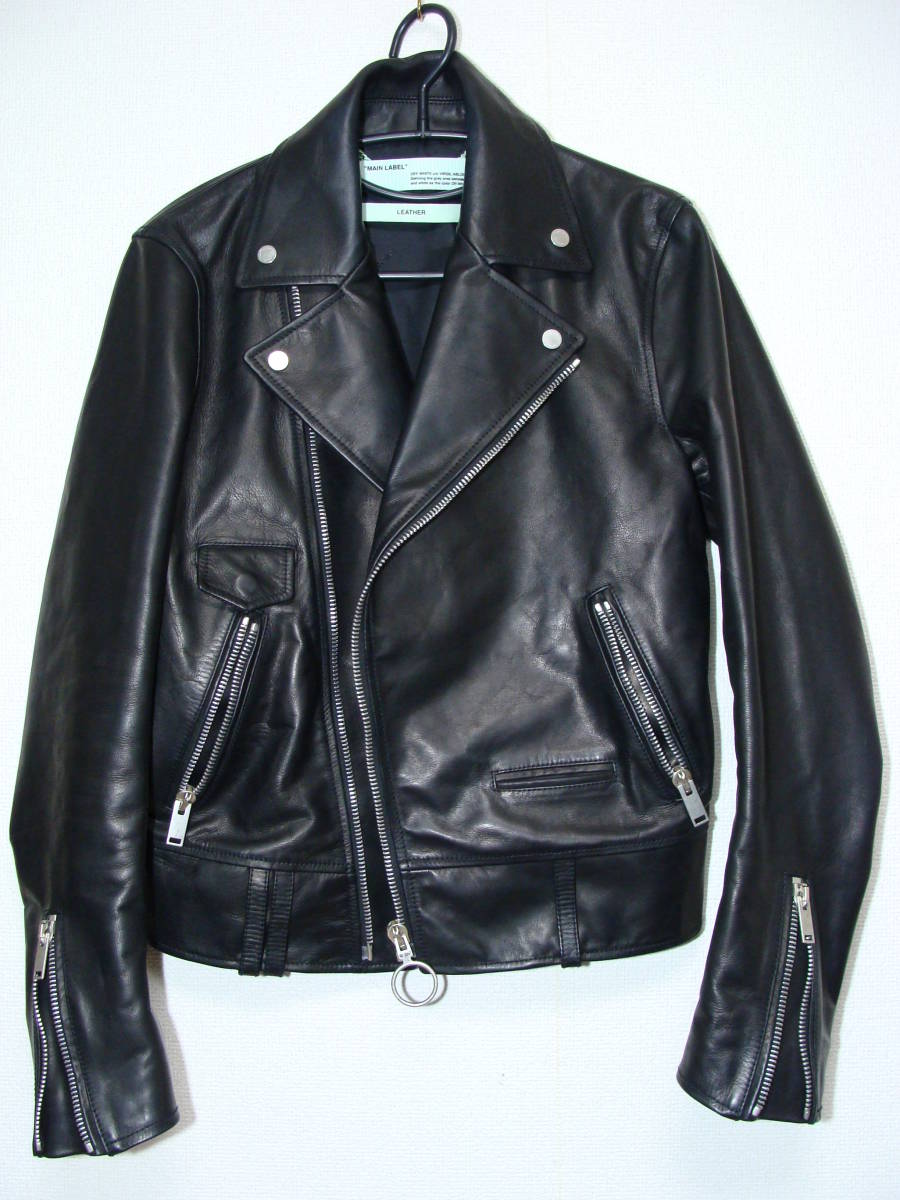 Off-White c/o Virgil Abloh Cowhide Leather Biker Jacket with Pink Spray Arrows 99 Back Print, Black, Size XS, view 2