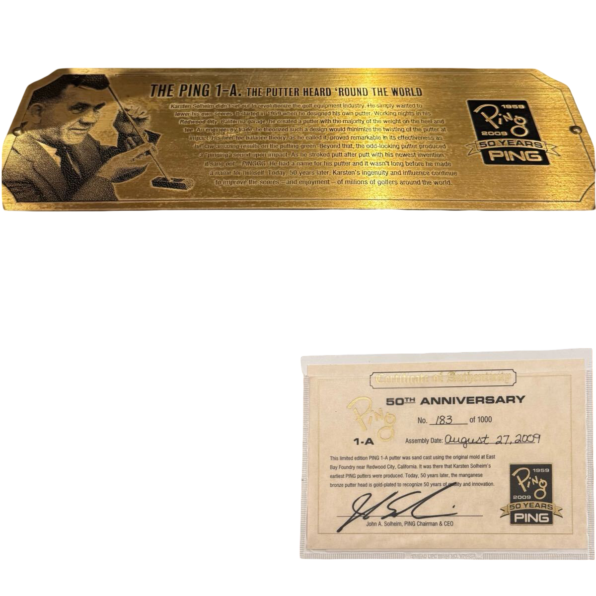 PING 1-A 50th Anniversary gold putter No. 0183 of 1,000 – gold plaque and 50th Anniversary certificate No. 0183
